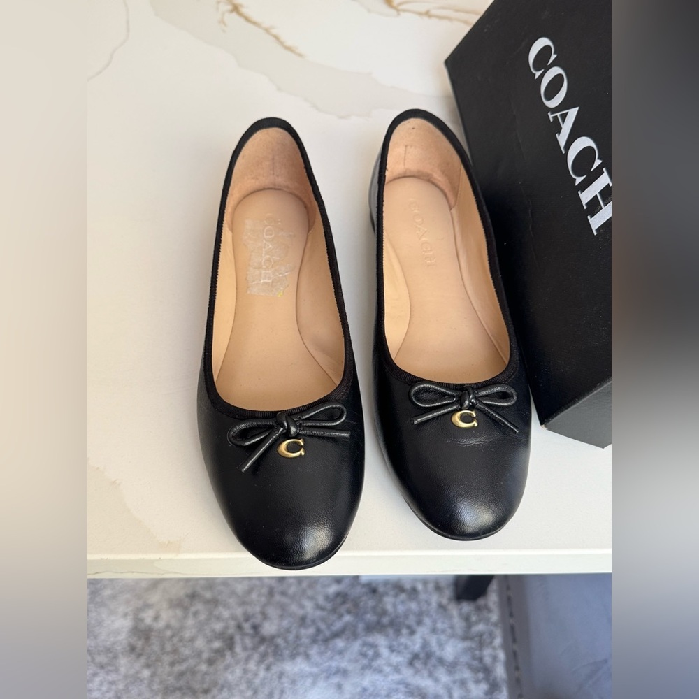 Coach Black Leather Ballet Flats with Bow and Gold C Accent